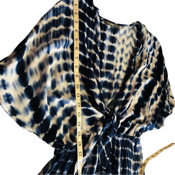 Shein Navy White Tie Dye Palazzo Jumpsuit Plunge Neckline Twisted Knot Front - Picture 12 of 16